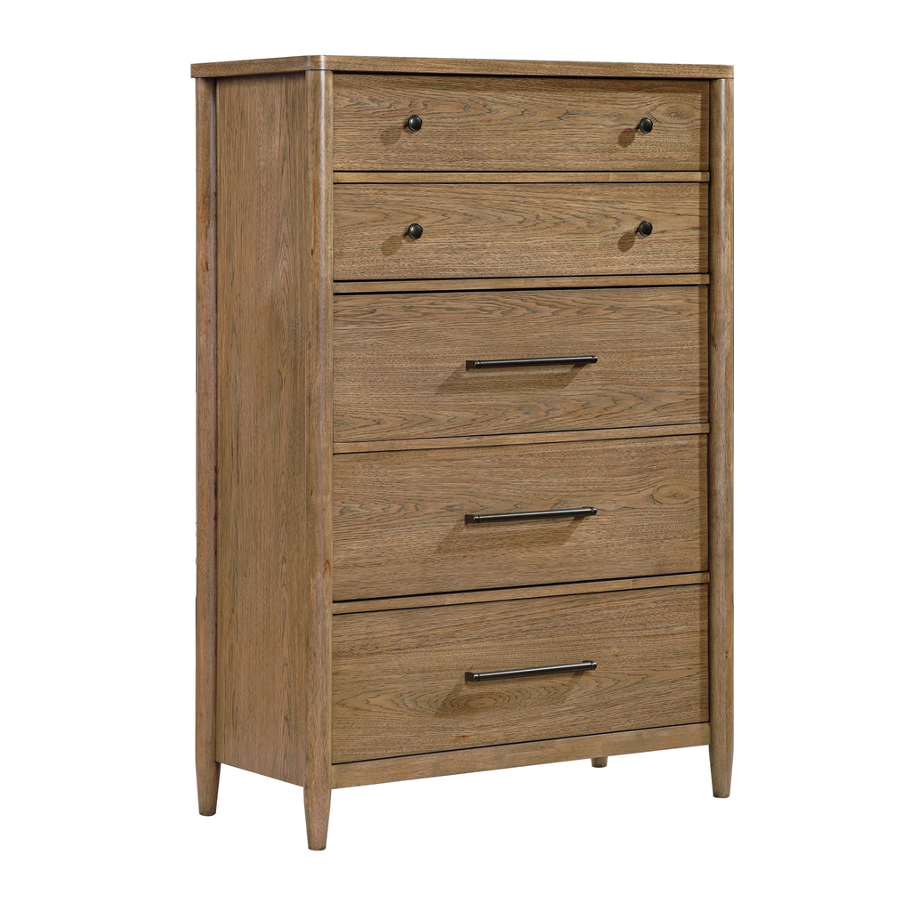 Commode à 5 tiroirs en placage de hickory avec tiroir inférieur doublé de cèdre