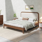 Cadre de lit en bois d'acacia avec tête de lit tapissée beige