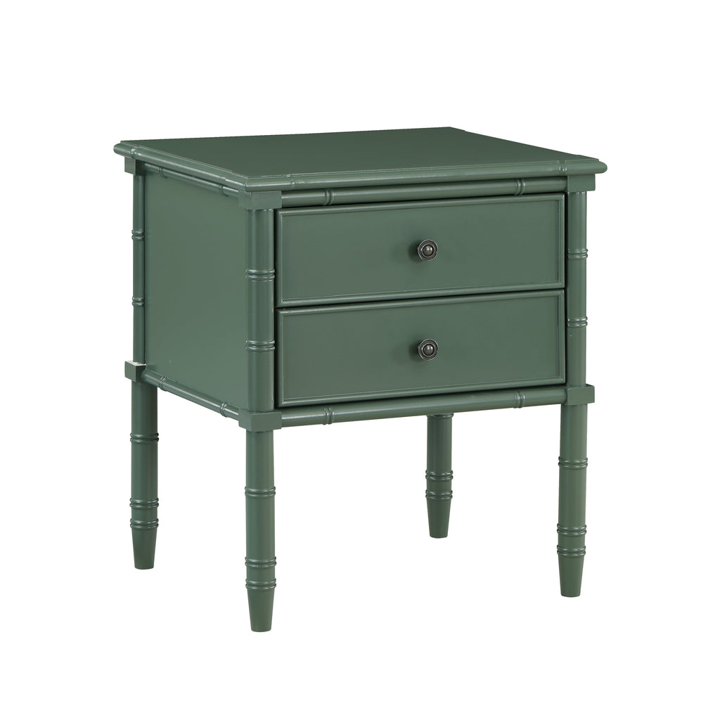 Table de chevet en bois sculpté à 2 tiroirs, avec pieds façon bambou et poignées en laiton