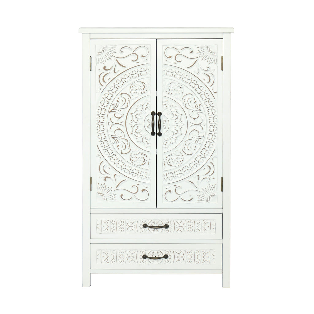 Armoire de rangement d'appoint haute en bois massif blanc avec détails sculptés et tiroir