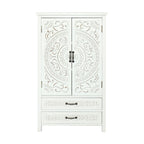 Armoire de rangement d'appoint haute en bois massif blanc avec détails sculptés et tiroir