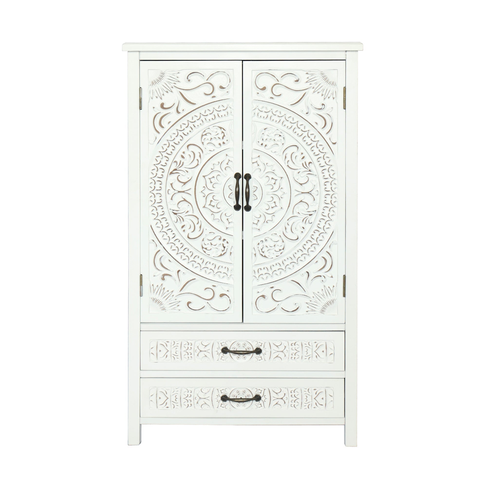 Armoire de rangement d'appoint haute en bois massif blanc avec détails sculptés et tiroir
