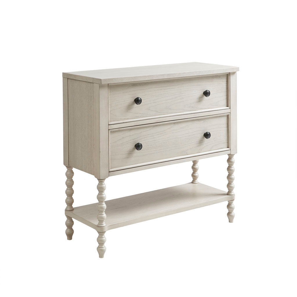 Commode d'appoint à 2 tiroirs avec pieds tournés et étagère inférieure