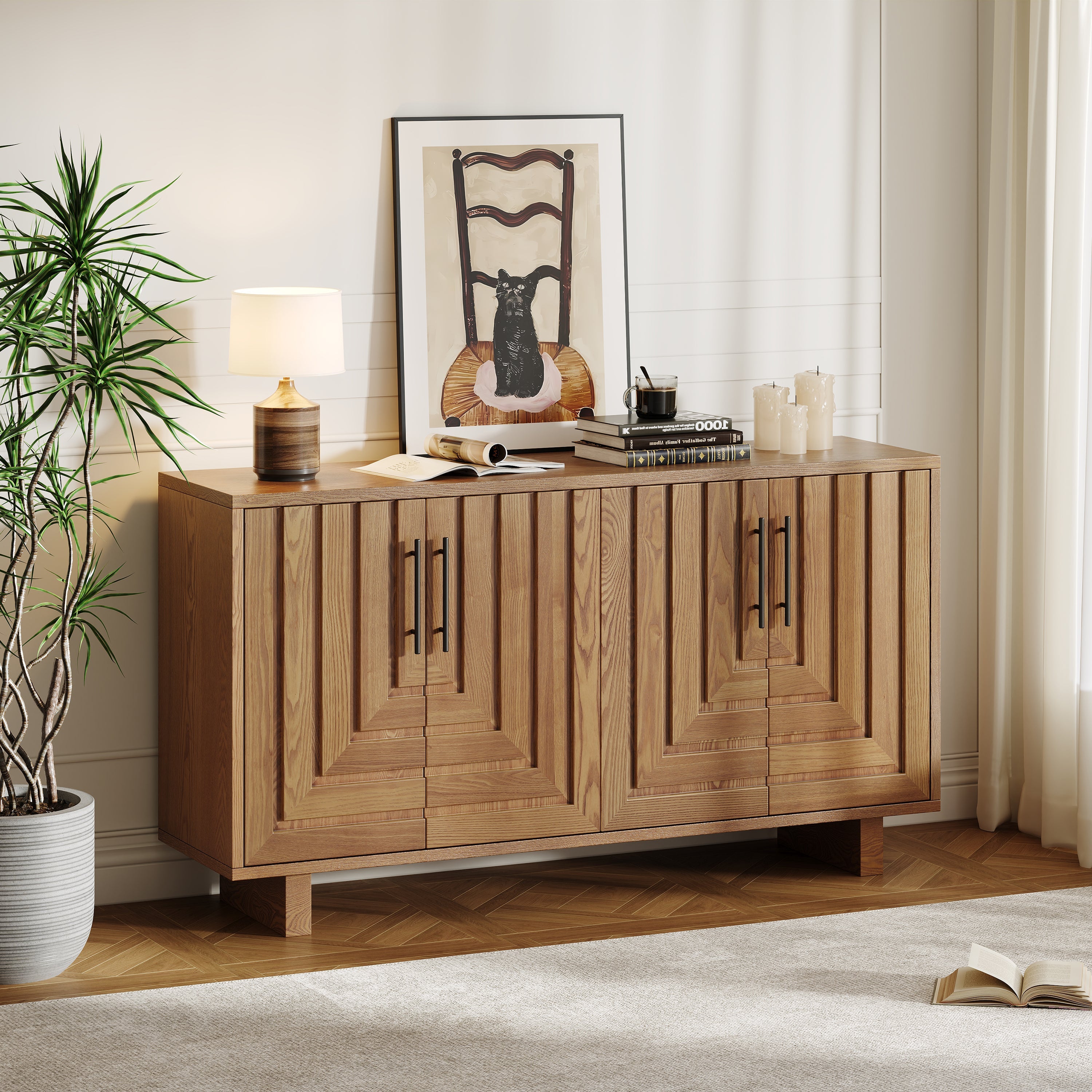 Buffet bas moderne avec 4 portes et poignées métalliques