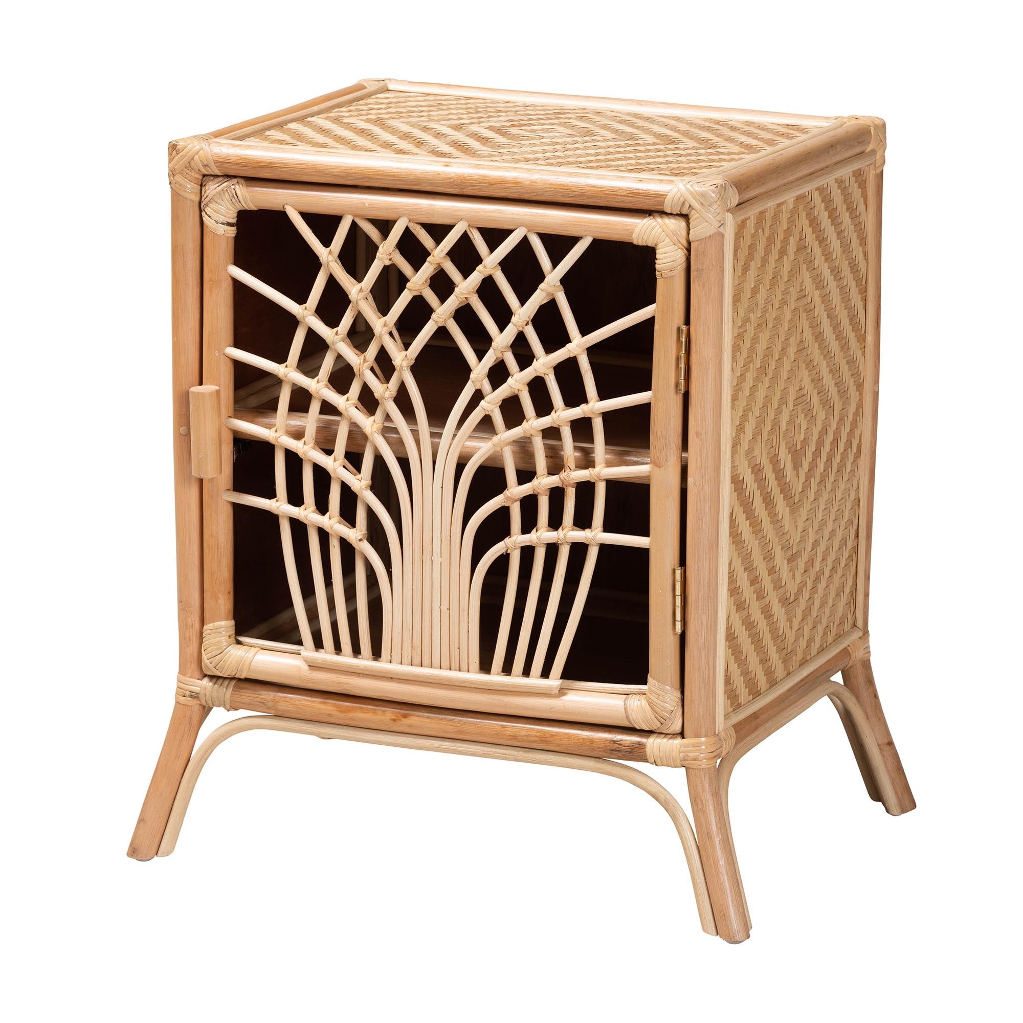 Table de chevet en rotin tressé à la main avec porte ajourée artisanale