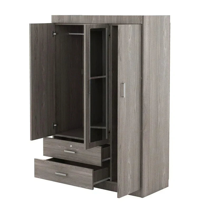 Armoire penderie 3 portes avec miroirs, étagères et 2 tiroirs