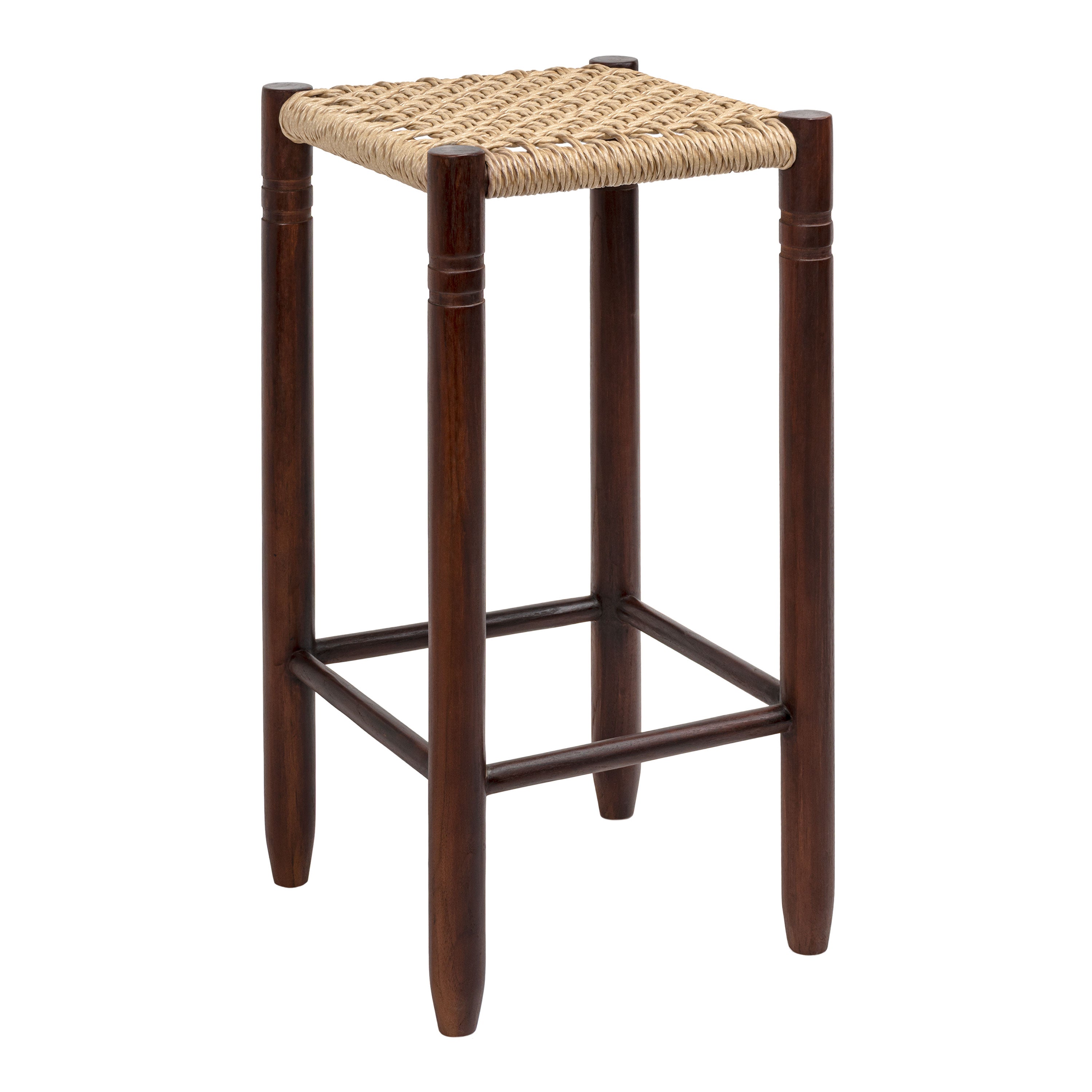 Tabouret de bar sans dossier en teck, fait main, style bohème décontracté, avec assise en rotin synthétique tressé