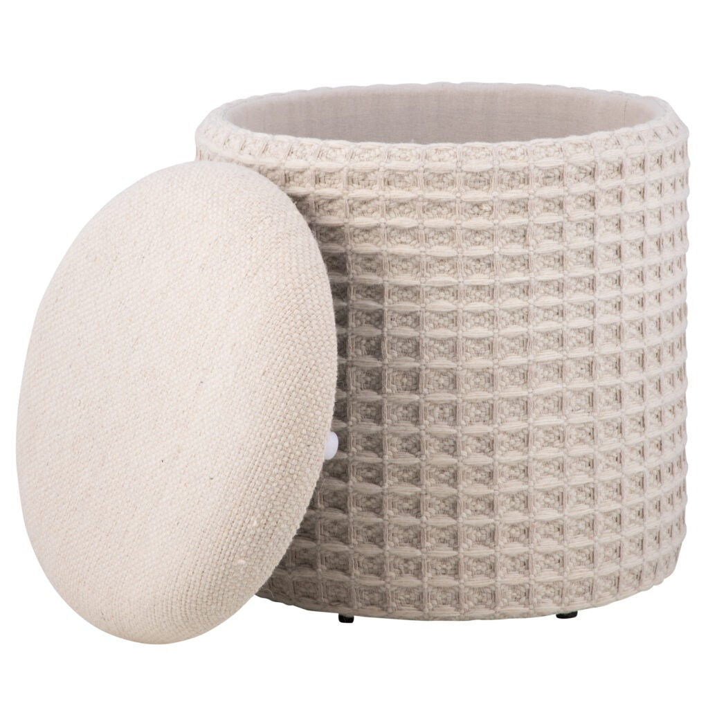Pouffre de rangement en tissu tissé gaufre ivoire