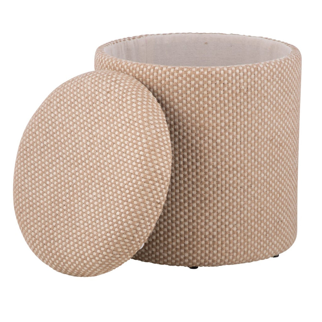 Pouffe de rangement en tissu tissé à carreaux naturel