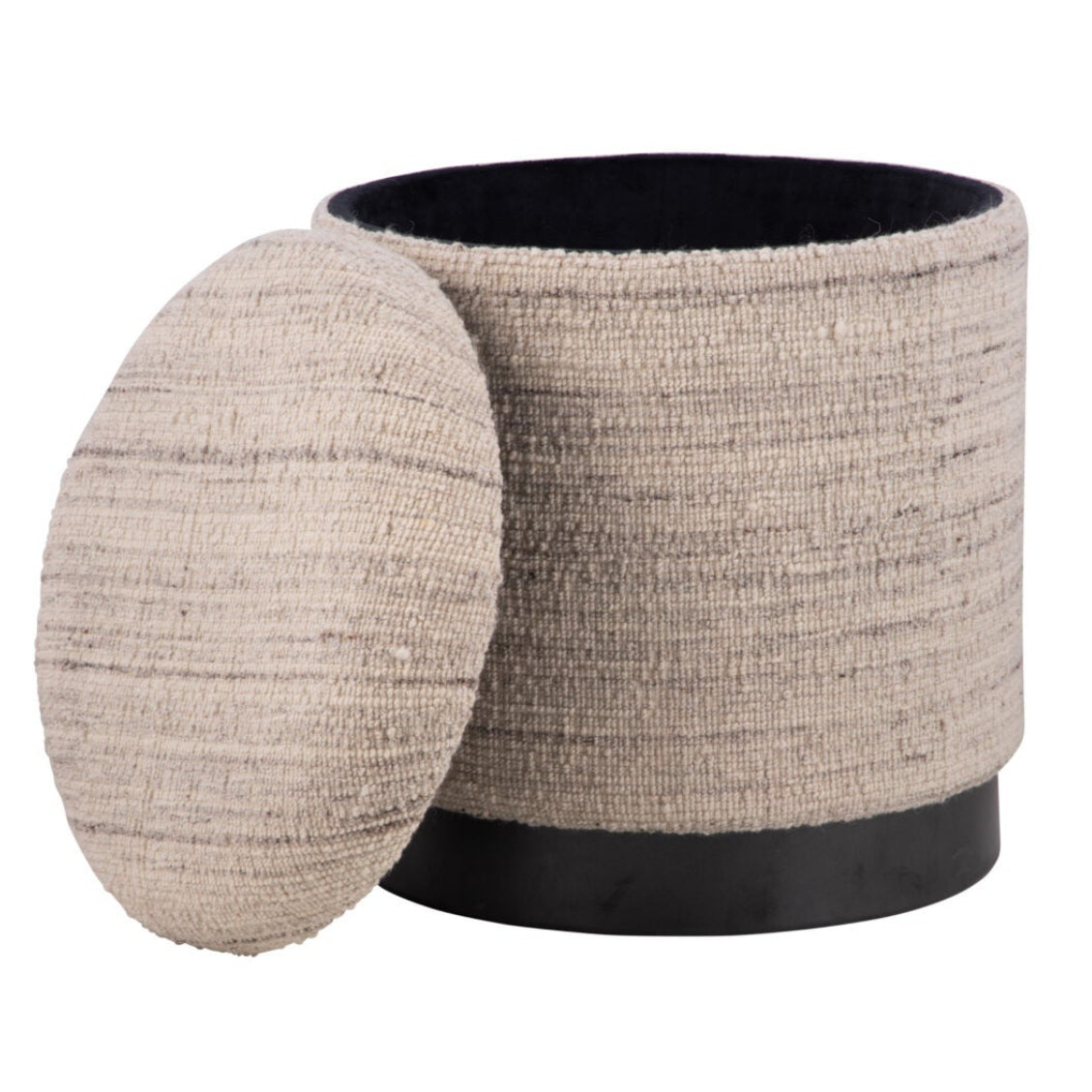 Ottoman de rangement tressé à la main gris naturel avec base en métal noir mat