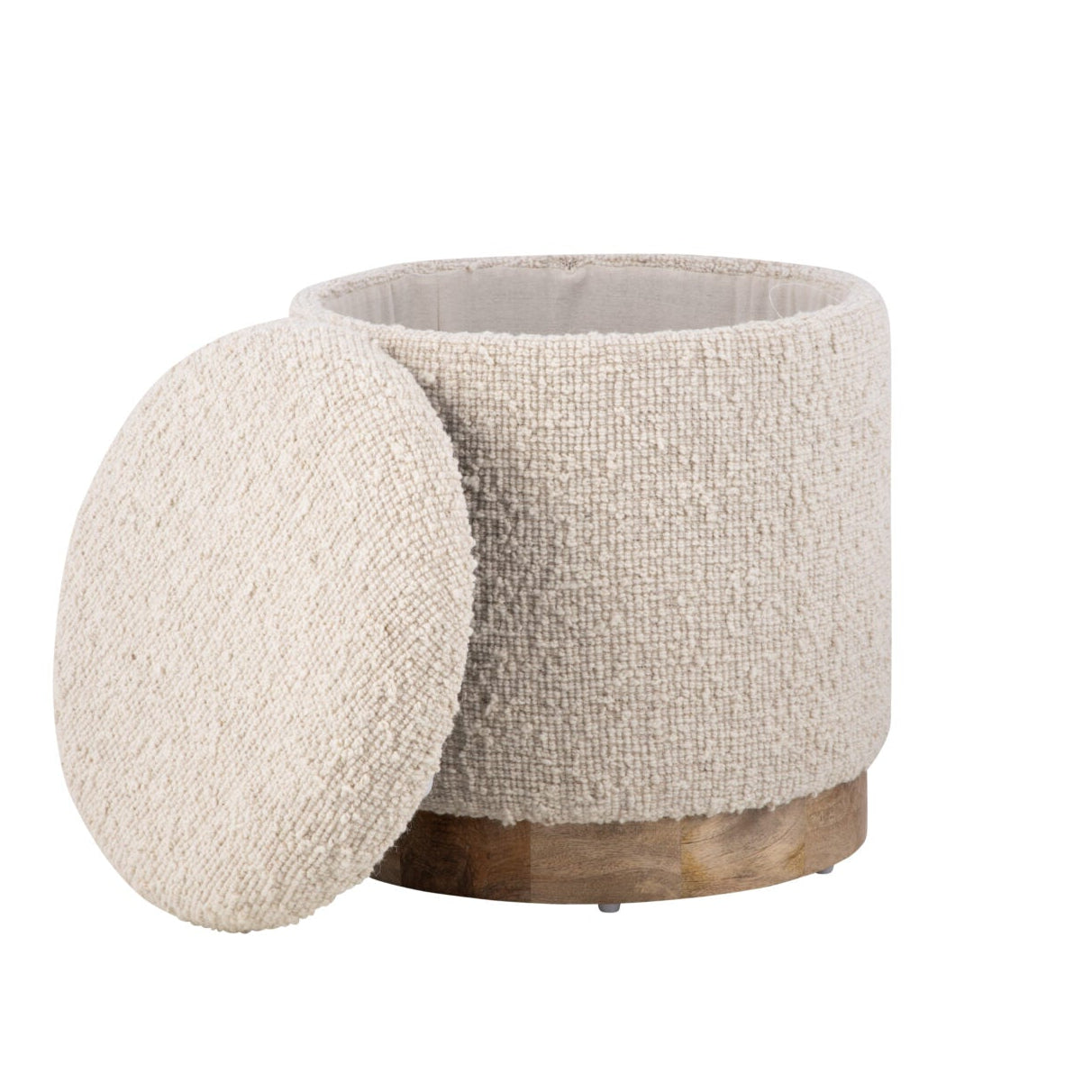 Pouf de rangement tissé à la main, de couleur écru, avec une base en bois arrondie