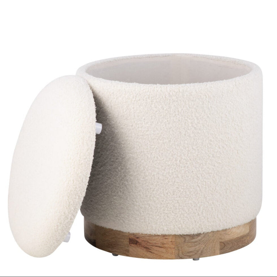Pouffe de rangement moderne écru uni tissé à la main avec base en bois arrondie
