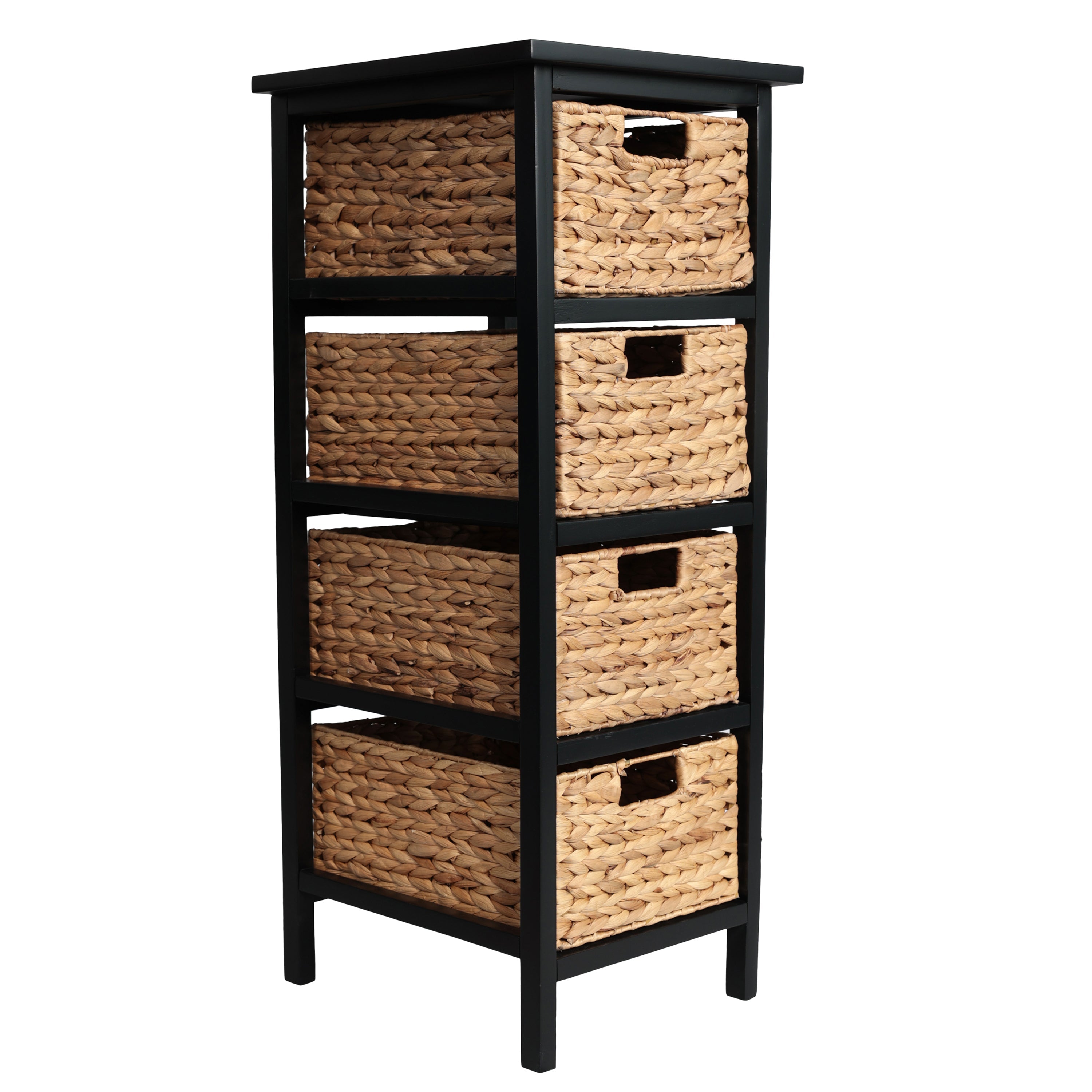 Meuble de rangement 4 niveaux en bois d'acacia fait main, style bohème côtier, avec 4 paniers tressés en jacinthe d'eau