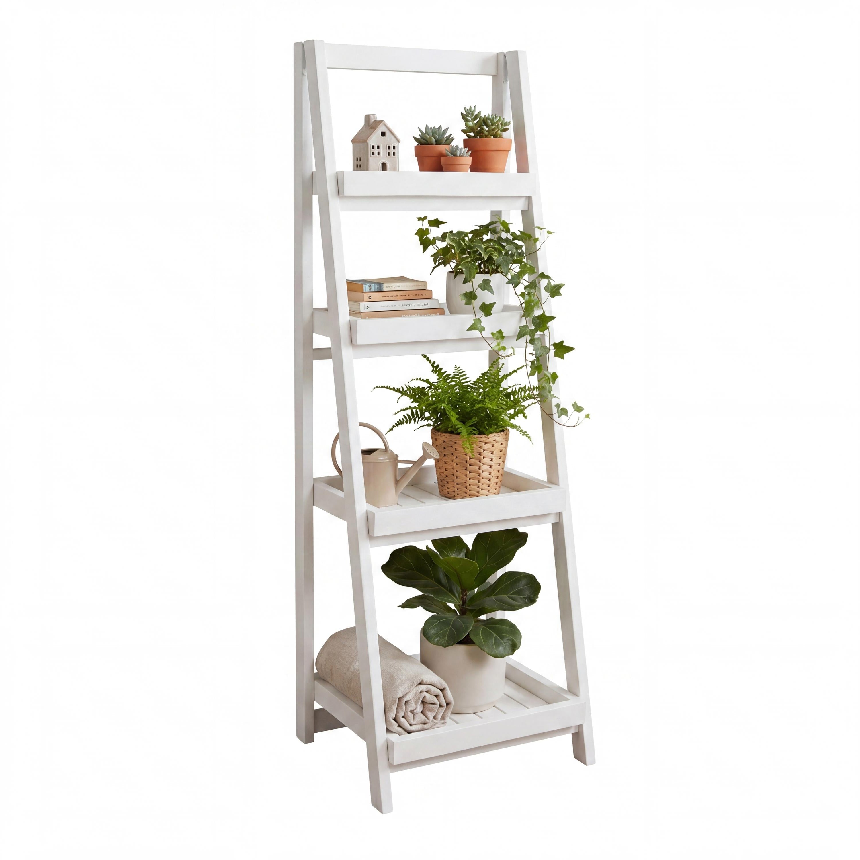 Étagère de rangement et support à plantes pliant 4 niveaux en bois d'acacia fait main, minimaliste, pour intérieur/extérieur
