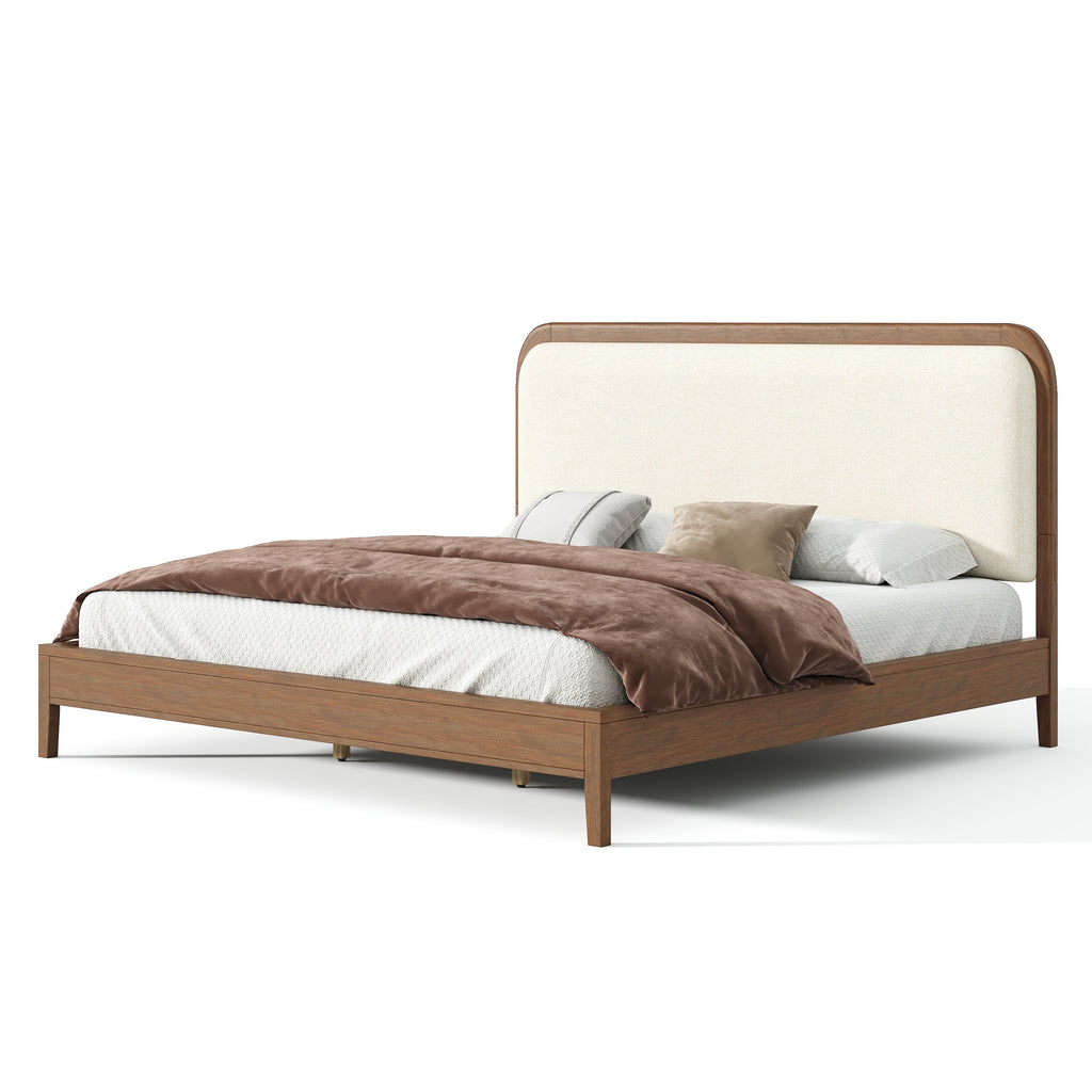 Cadre de lit en bois d'acacia avec tête de lit tapissée beige