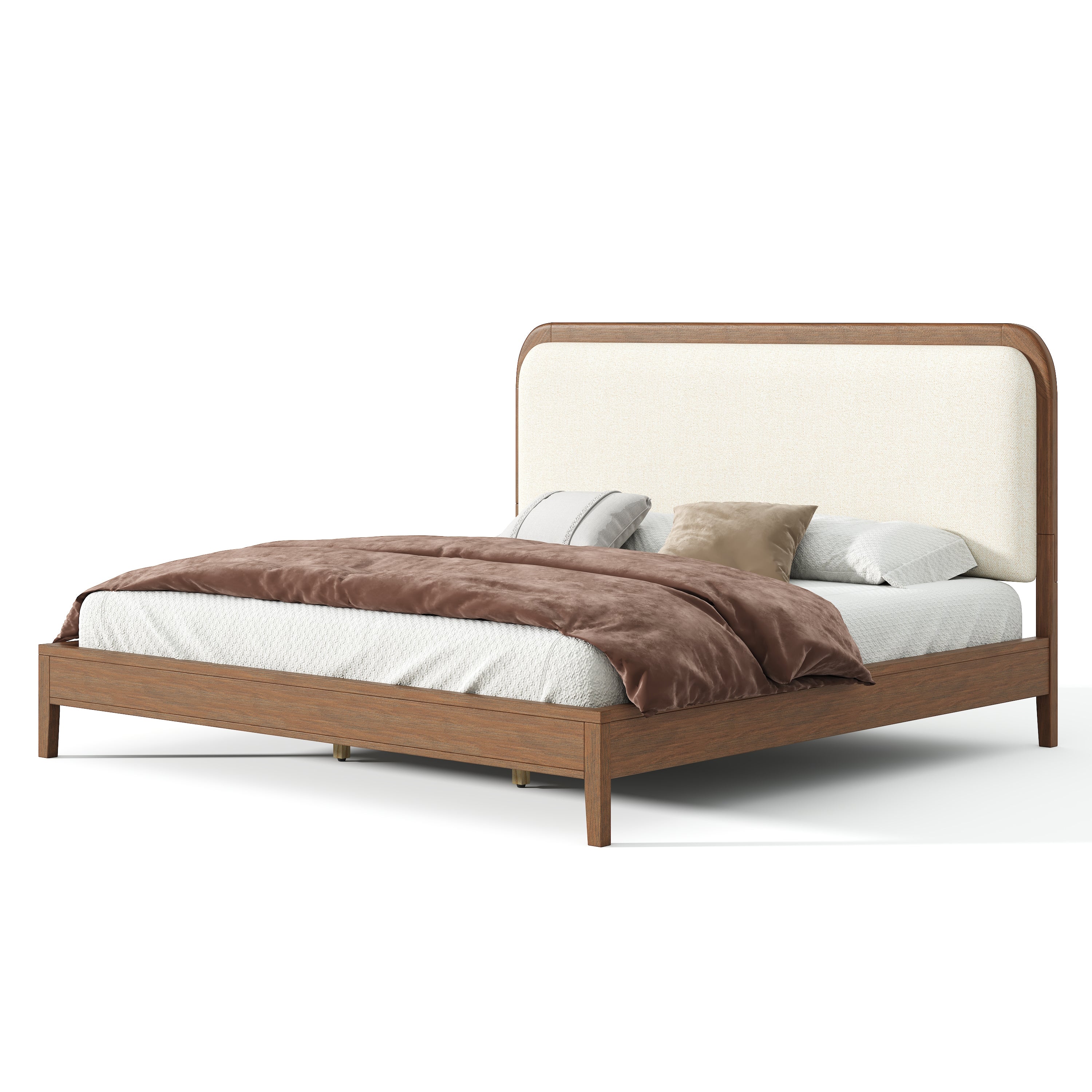 Cadre de lit en bois d'acacia avec tête de lit tapissée beige