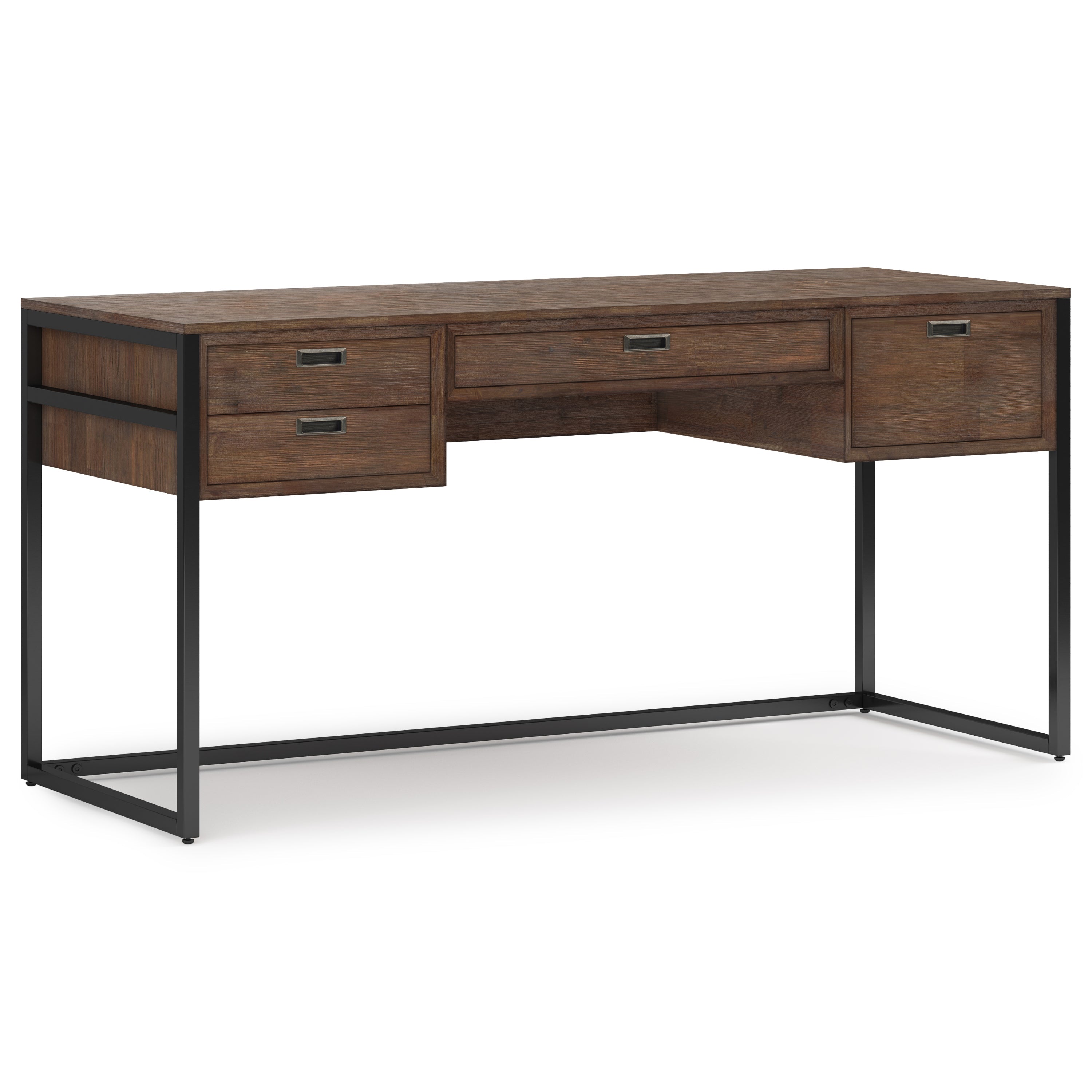Bureau industriel en bois d'acacia massif avec 3 tiroirs et tablette coulissante pour clavier