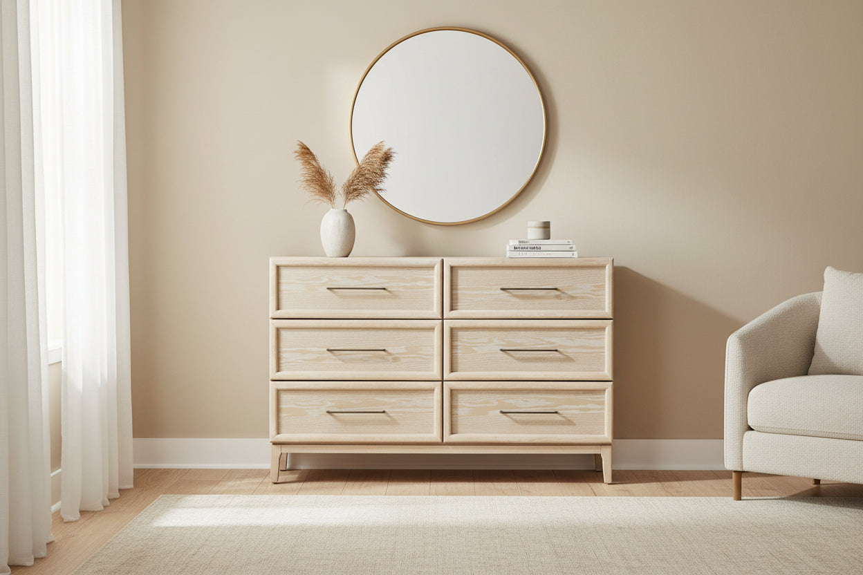Commode large à 6 tiroirs en placage de chêne avec glissières à billes