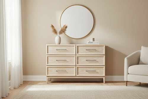 Commode large à 6 tiroirs en placage de chêne avec glissières à billes