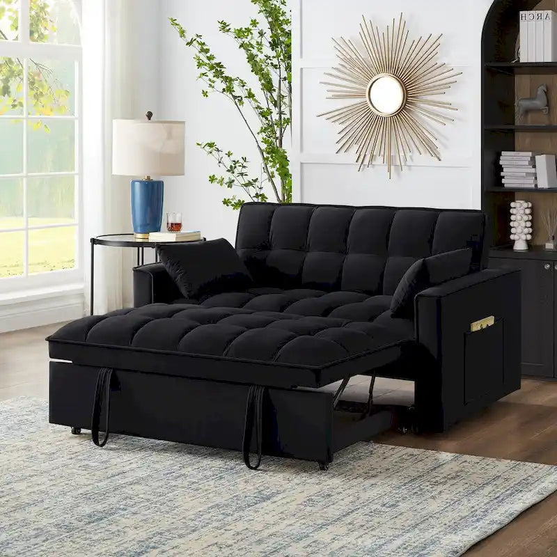 Canapé-lit convertible 4-en-1 – Causeuse en velours – Lit d'appoint avec dossier inclinable, 2 poches latérales