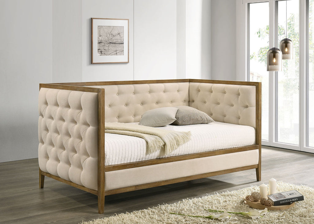 Lit de repos capitonné avec garniture en bois, taille double
