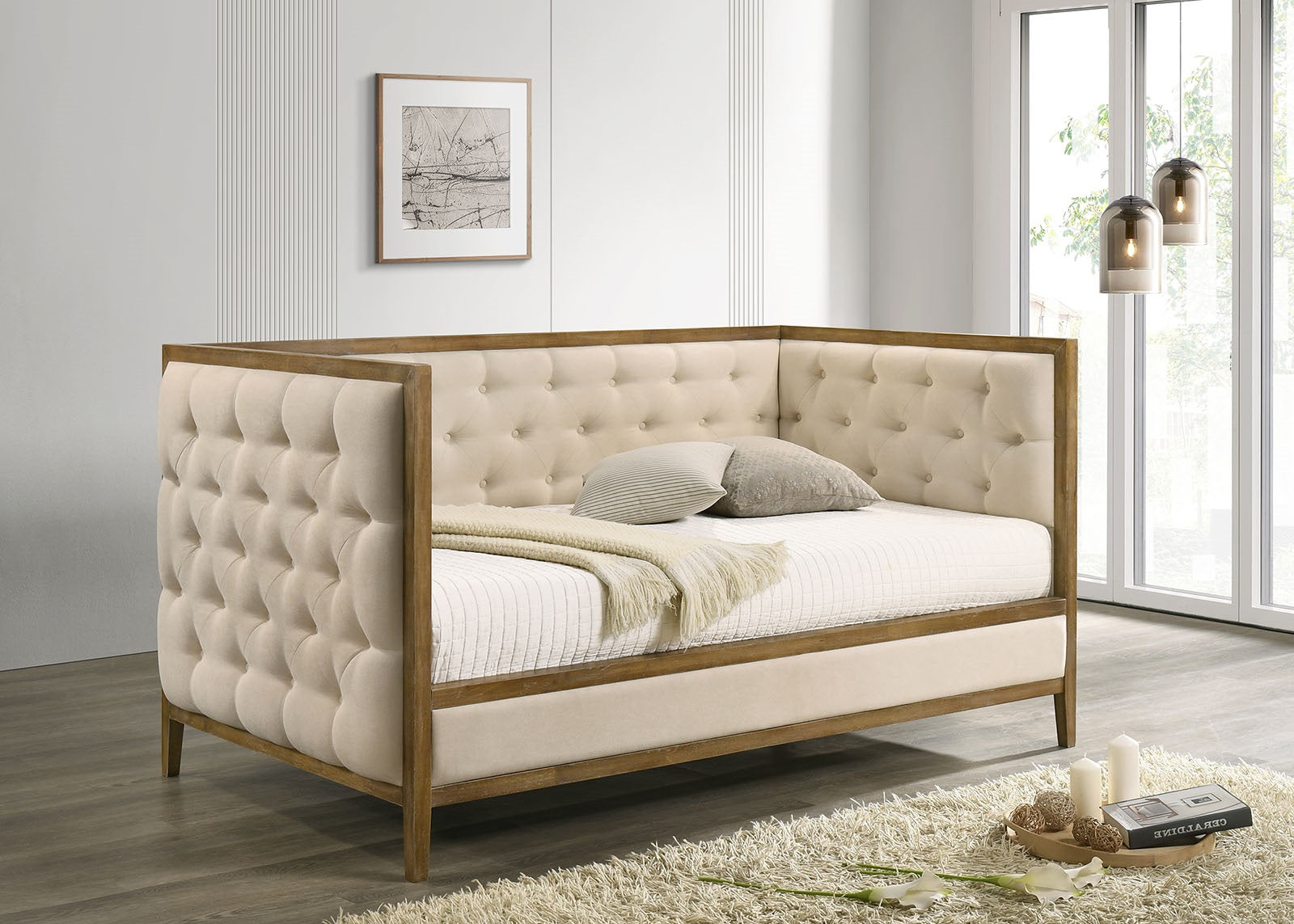 Lit de repos capitonné avec garniture en bois, taille double