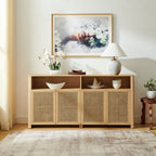Buffet bahut de rangement en rotin style Mid-Century Modern 63 po