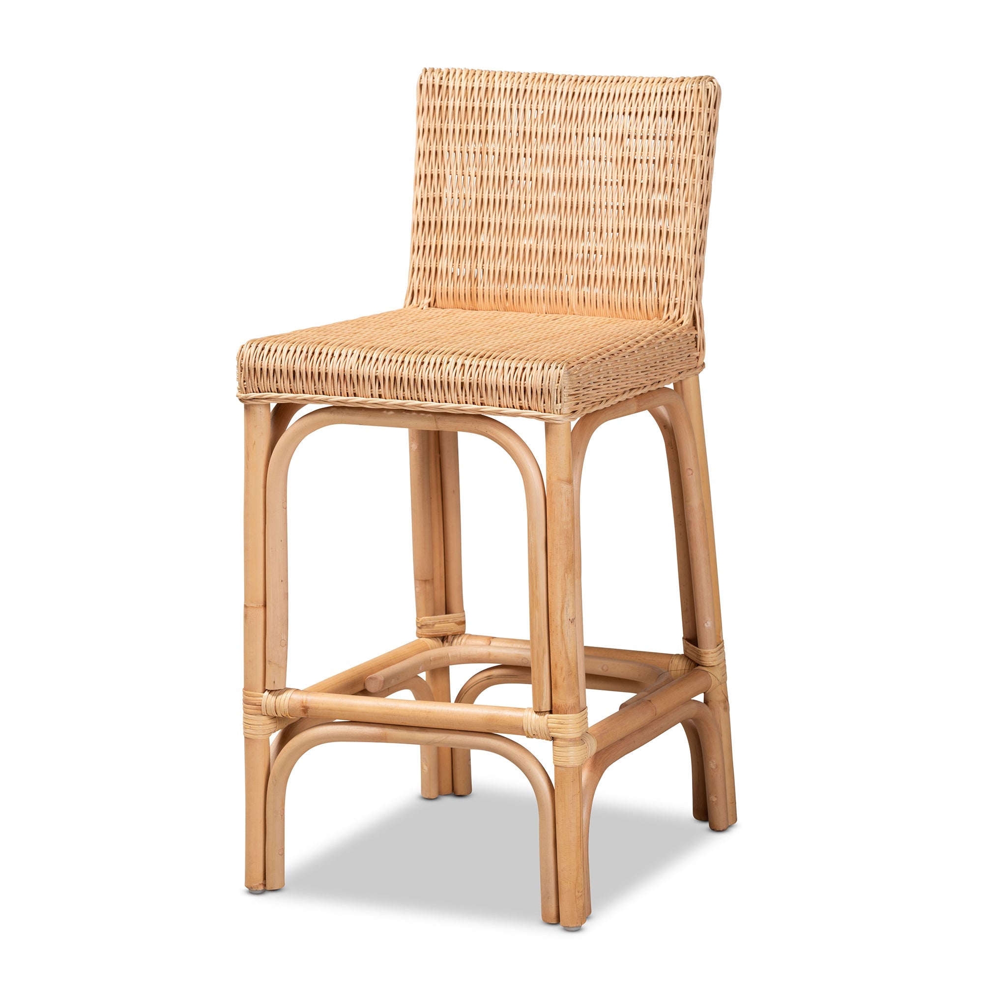 Tabouret de comptoir en rotin tressé à la main avec cadre carré et repose-pieds intégré