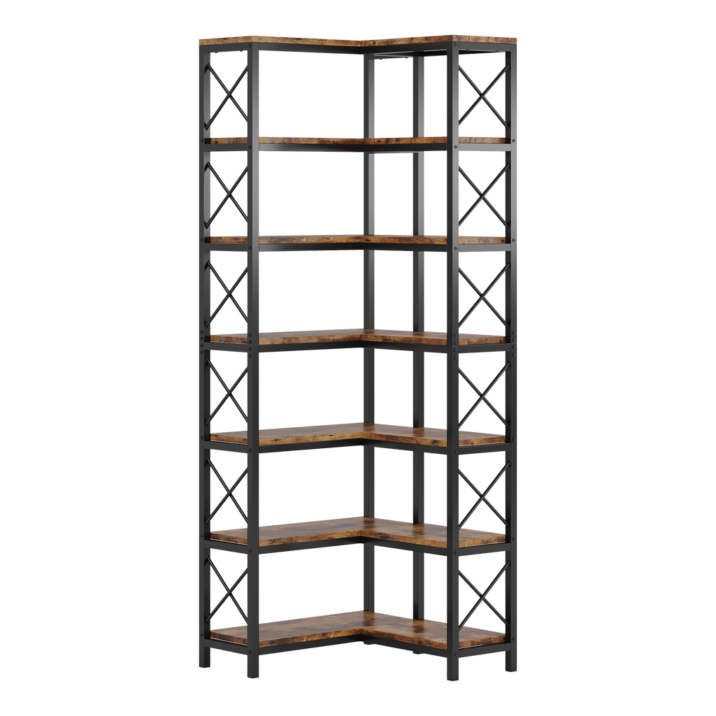 Étagère d'angle 7 niveaux en bois rustique marron et métal