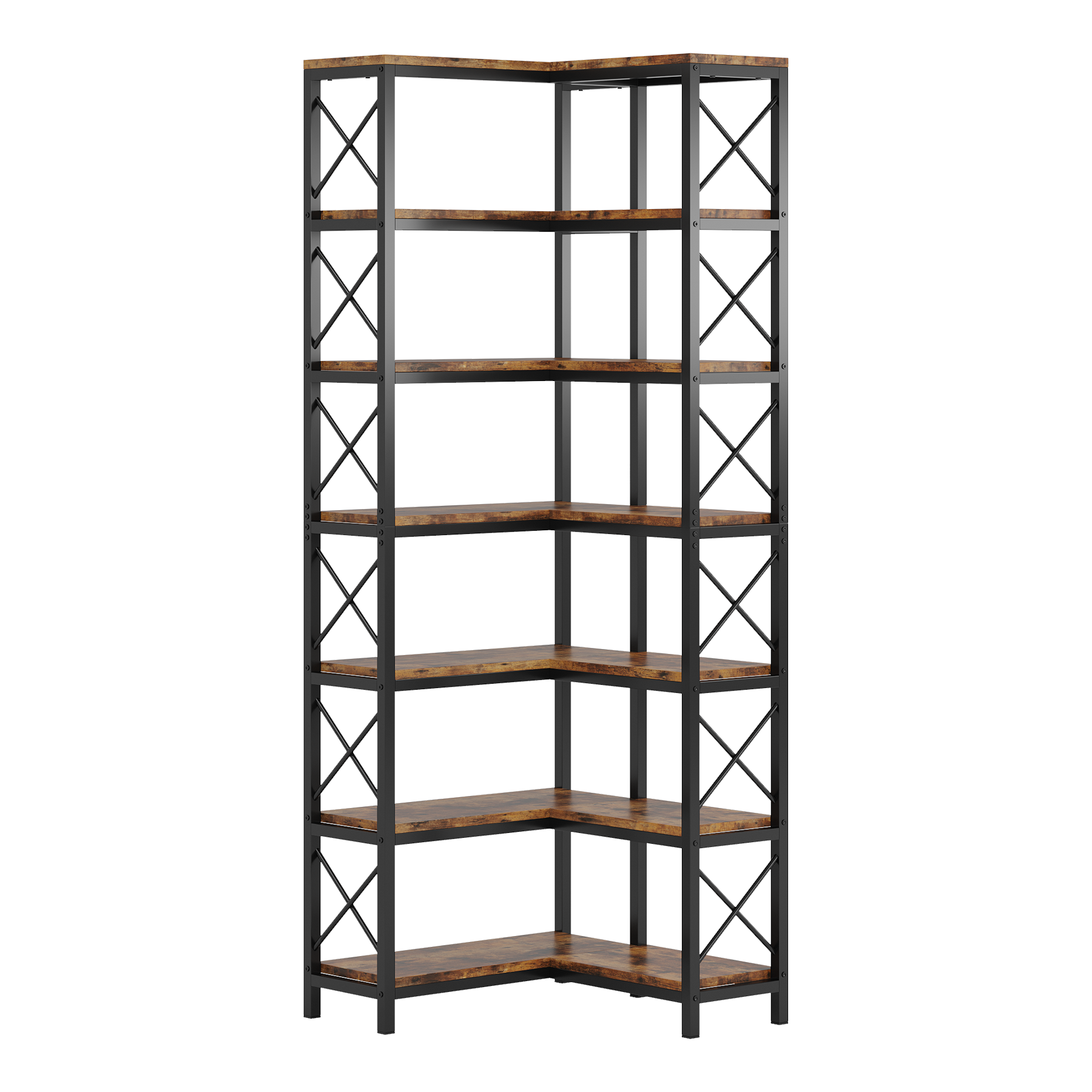 Étagère d'angle 7 niveaux en bois rustique marron et métal