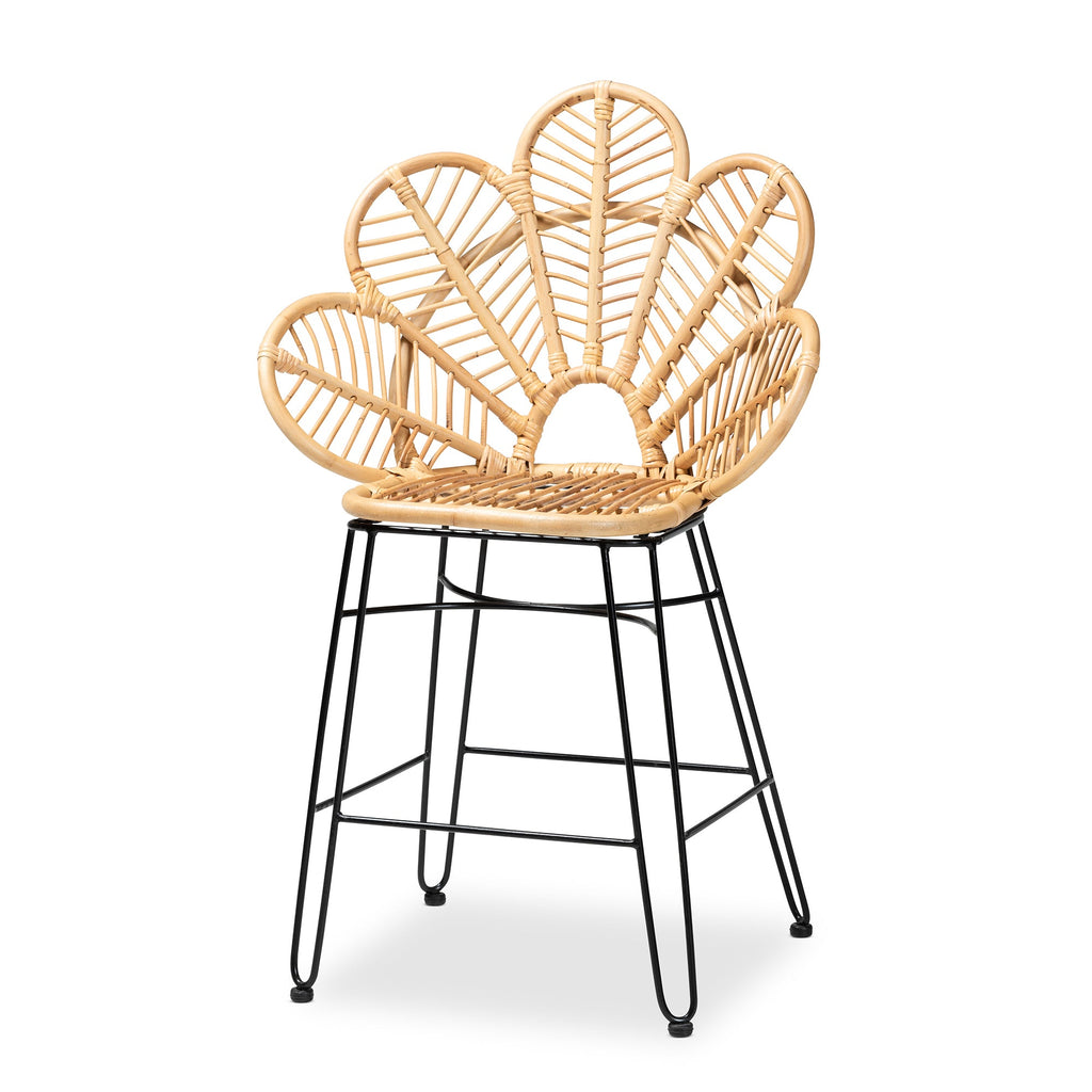 Tabouret de comptoir en métal avec dossier en rotin style bohème moderne