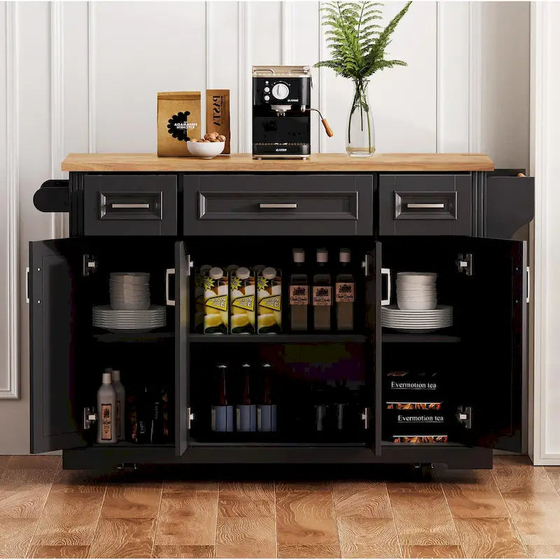 54 Grand îlot de cuisine avec plateau rabattable en bois d'hévéa, chariot de cuisine roulant à texture gaufrée sur 4 roues avec 4 portes et 3 tiroirs