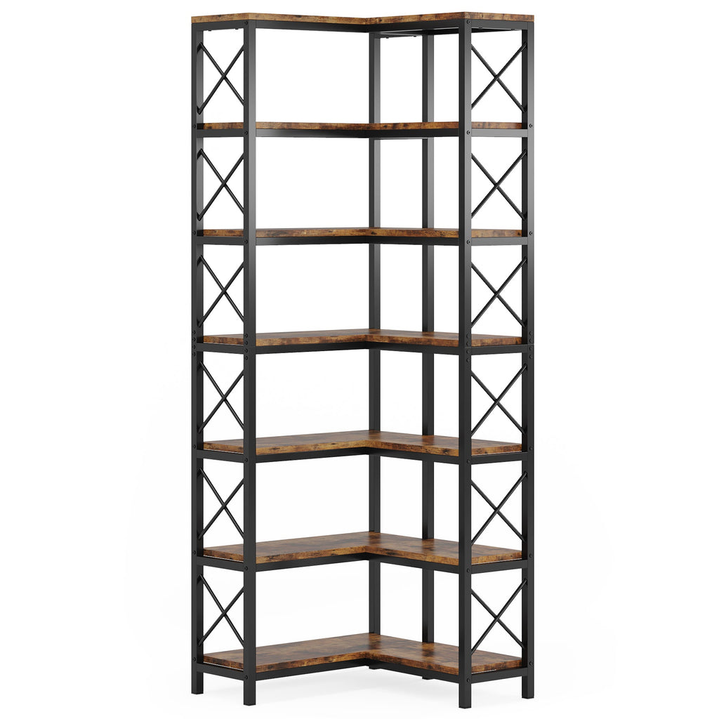 Étagère d'angle 7 niveaux en bois rustique marron et métal