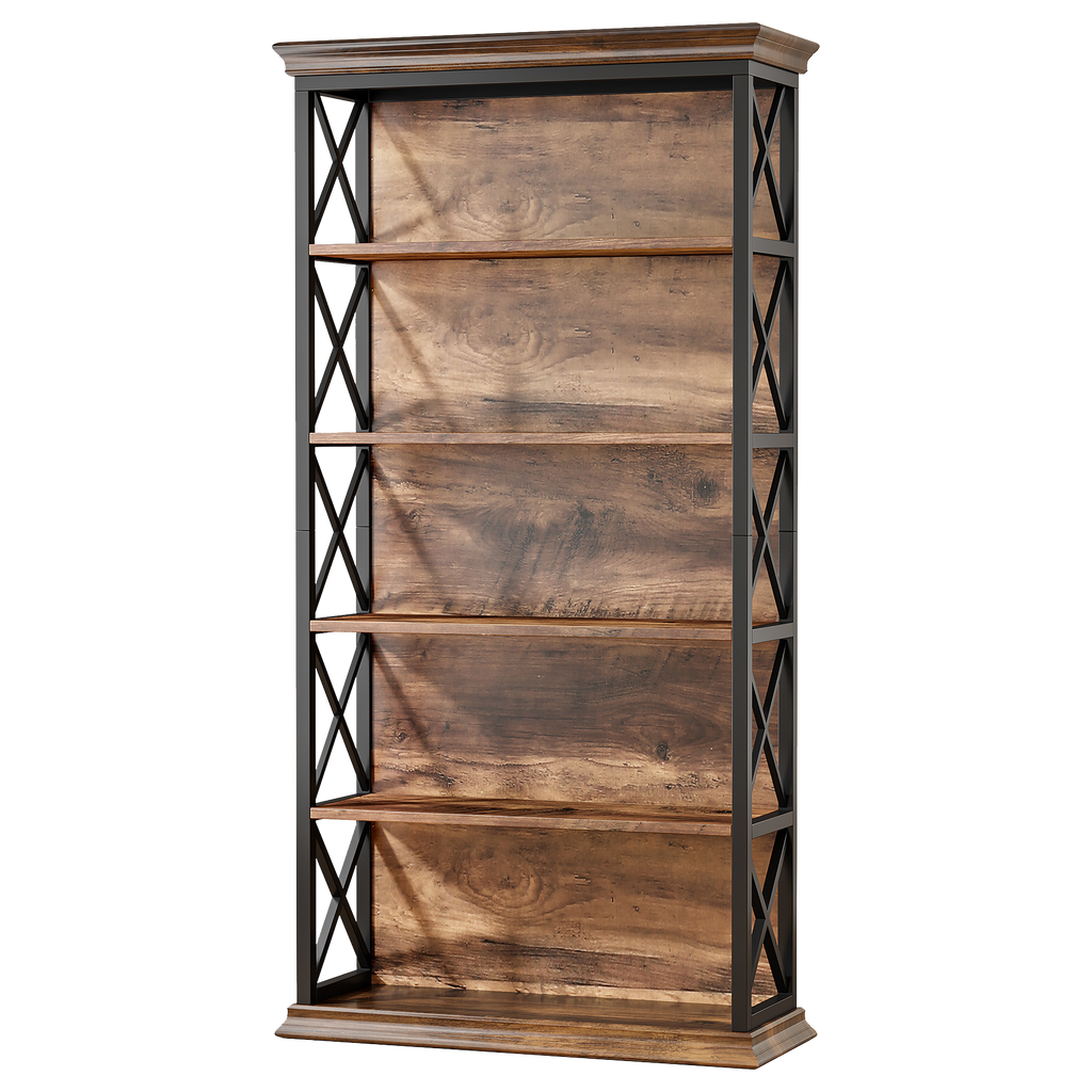 Étagère à 6 niveaux marron et noire de style industriel avec motif en X