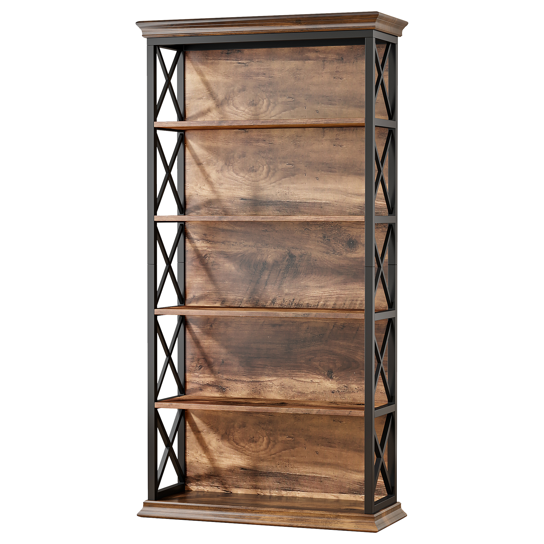 Étagère à 6 niveaux marron et noire de style industriel avec motif en X