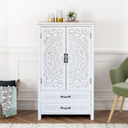 Armoire de rangement d'appoint haute en bois massif blanc avec détails sculptés et tiroir