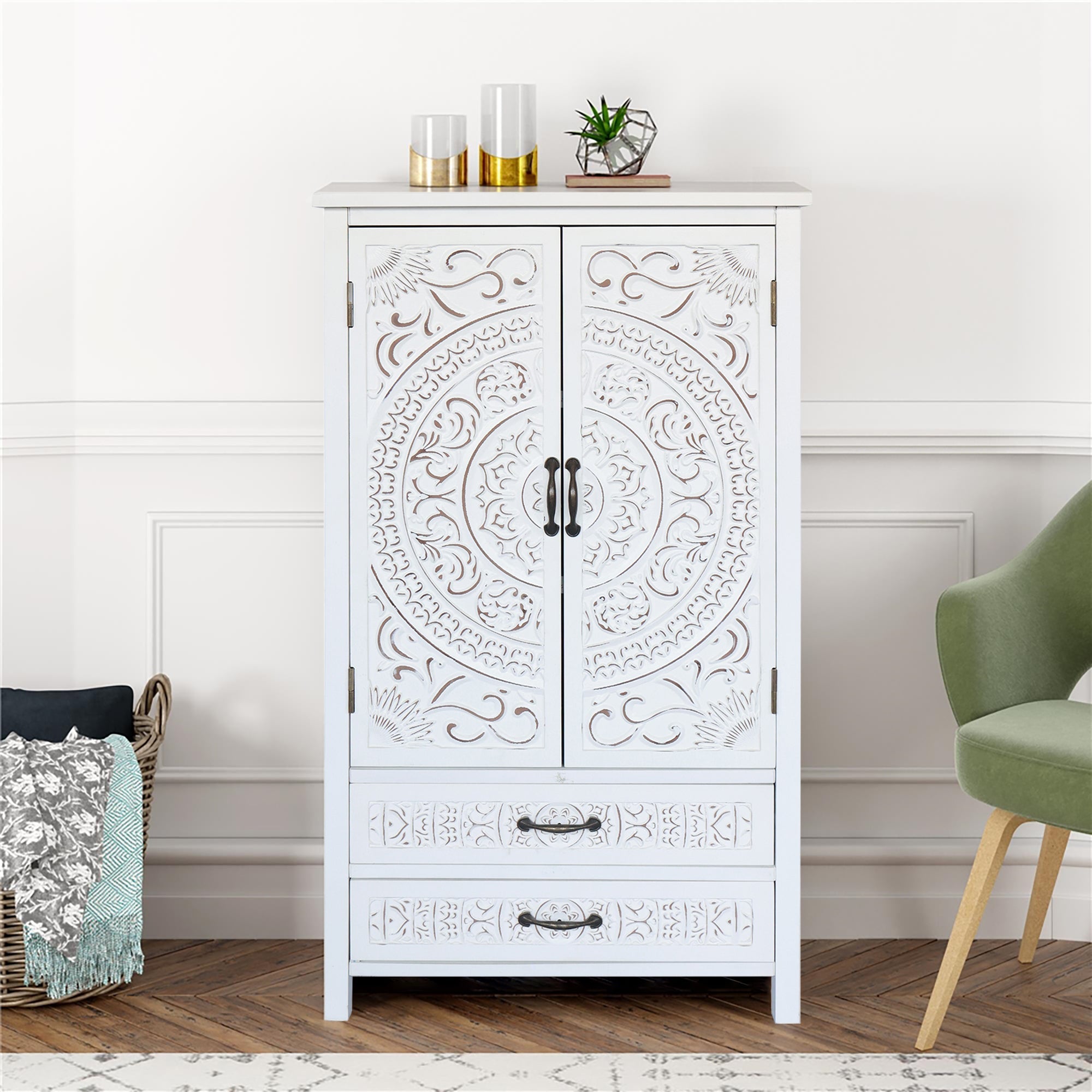 Armoire de rangement d'appoint haute en bois massif blanc avec détails sculptés et tiroir